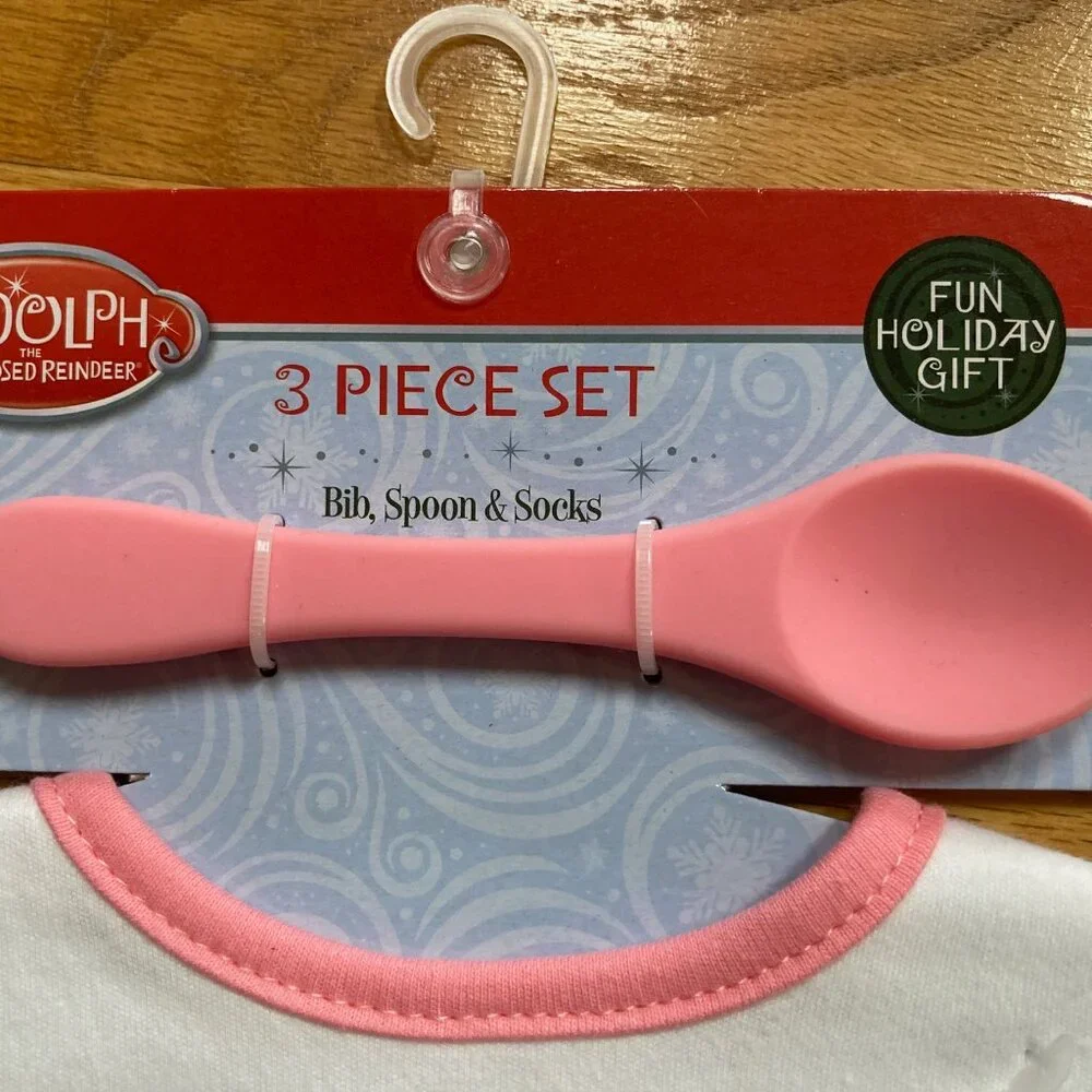 Rudolph Pink Trim 'My Very First Christmas' Baby Bib & Sock Set